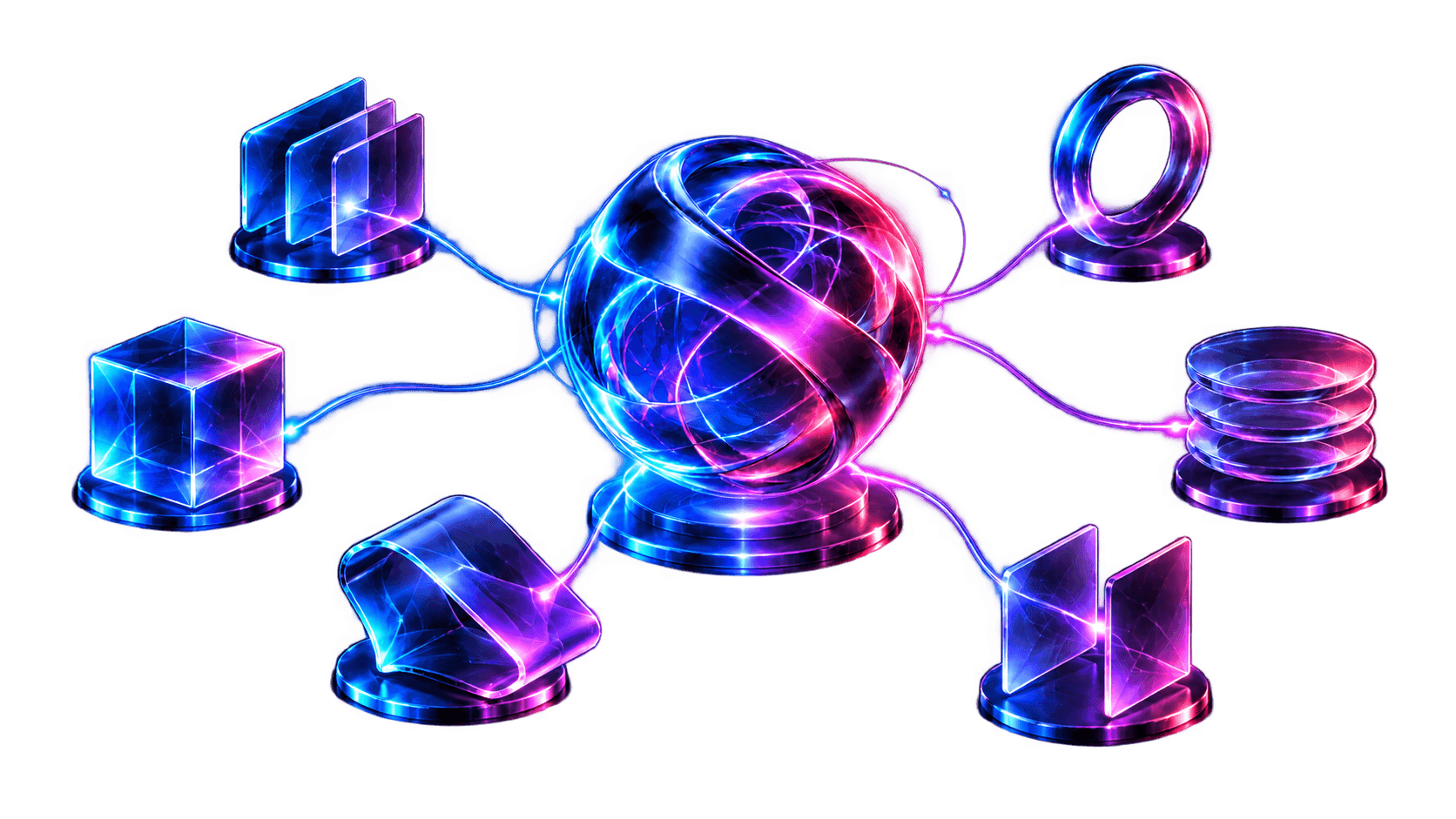 A luminous woven-glass orb connects to distinct glass forms representing different agent tools.