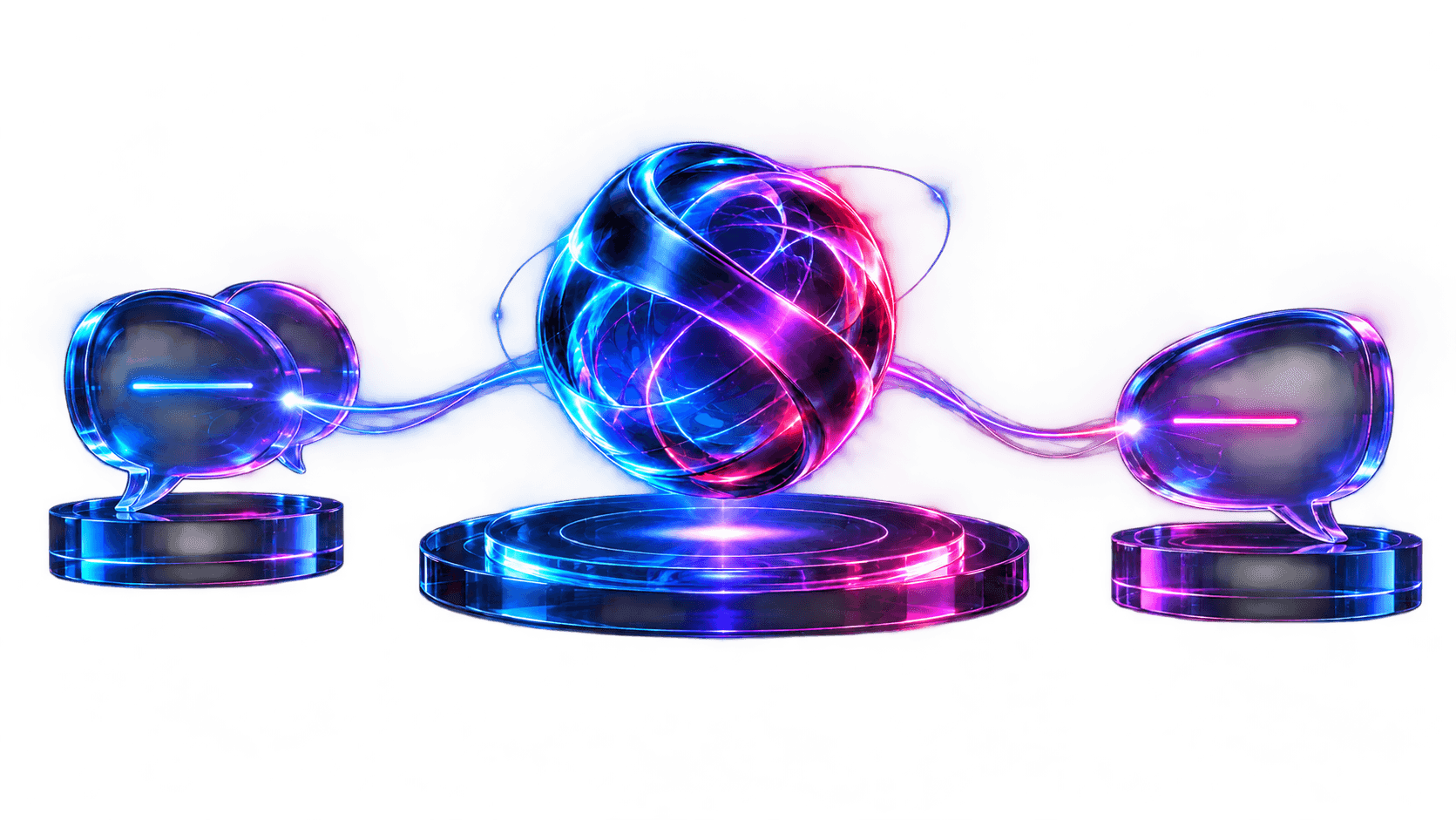 A woven-glass orb connects by luminous filaments to two abstract glass speech bubbles.