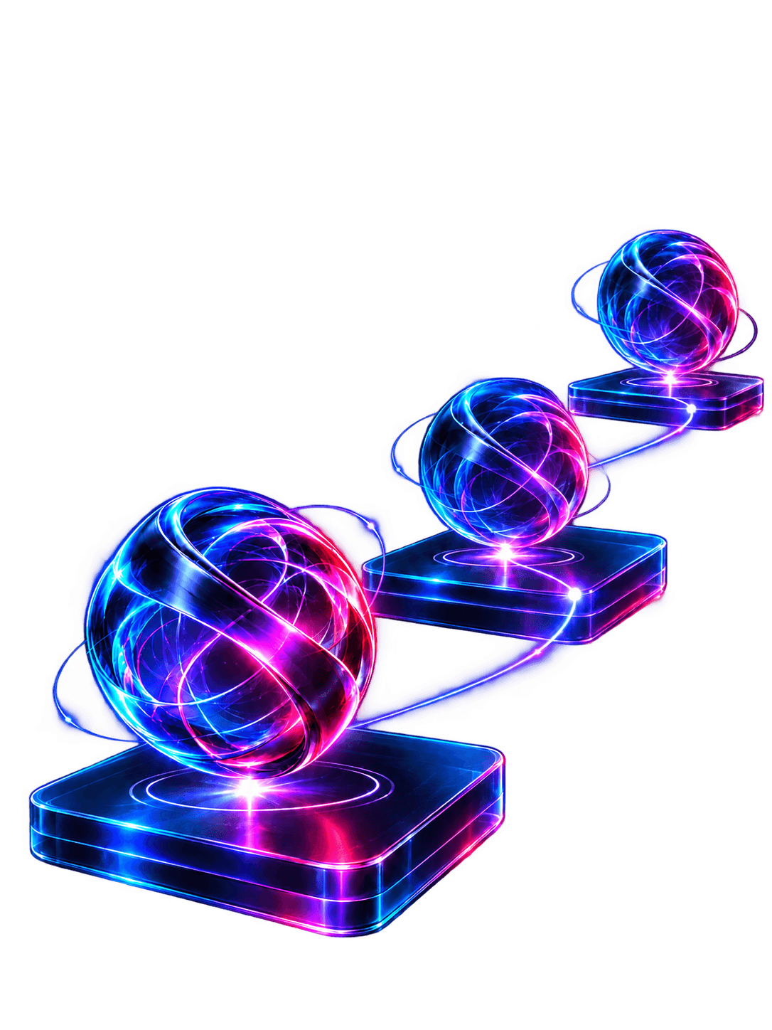 Three woven-glass orbs rise along linked glass milestone platforms.