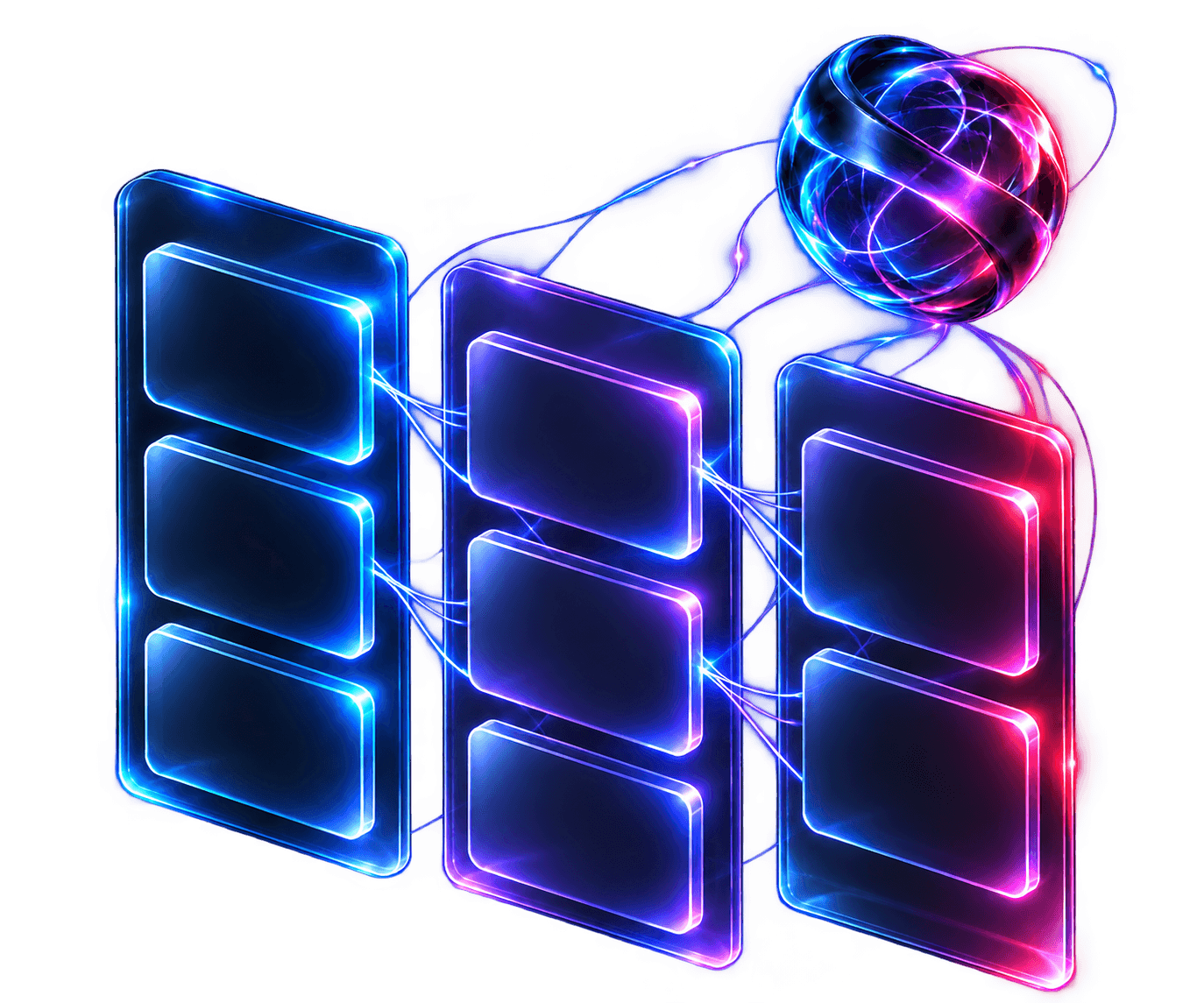 Three floating glass columns contain blank task cards connected by luminous threads.