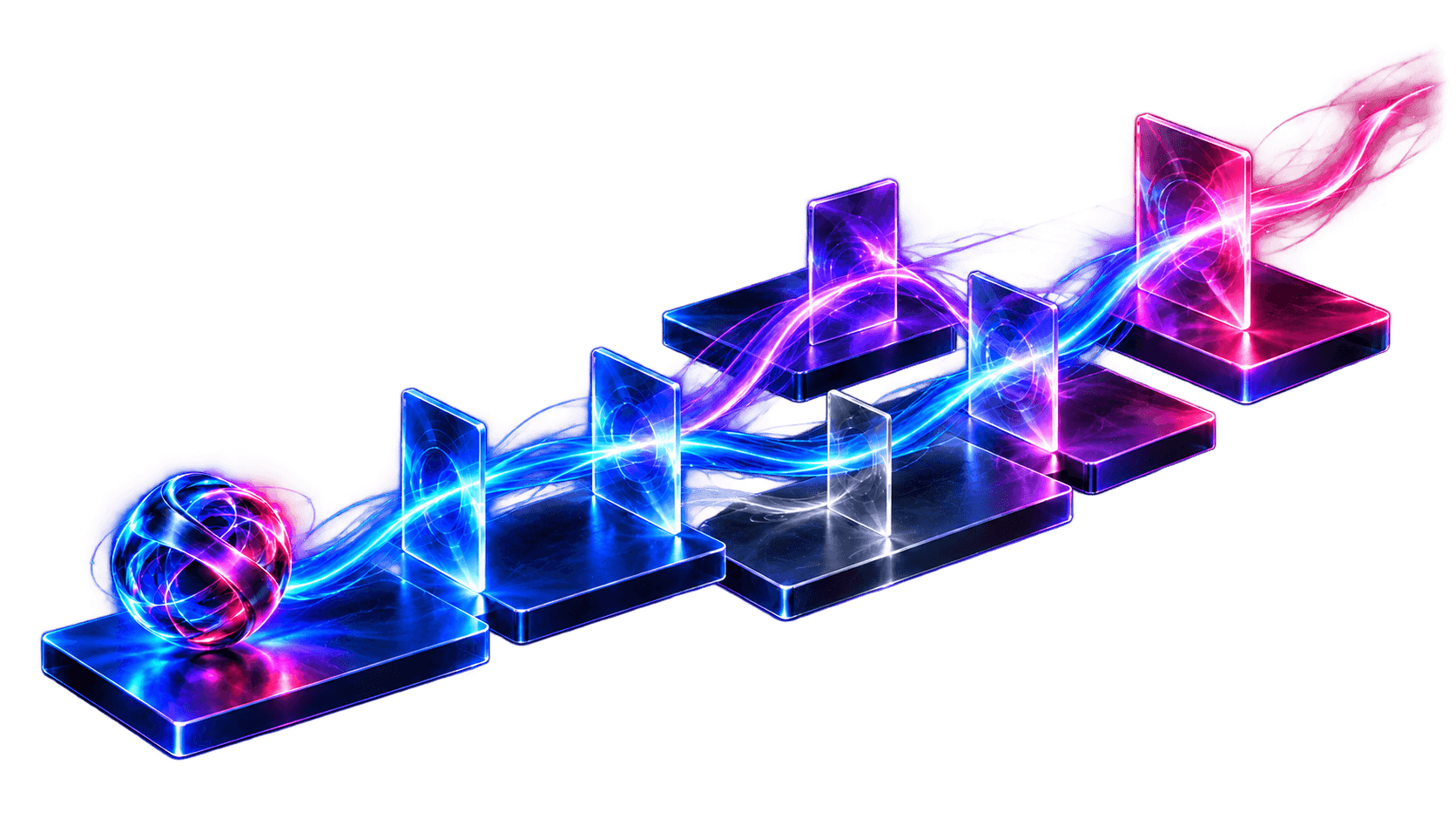 Blue and violet filaments branch through upright glass stage markers toward a rose-lit destination.