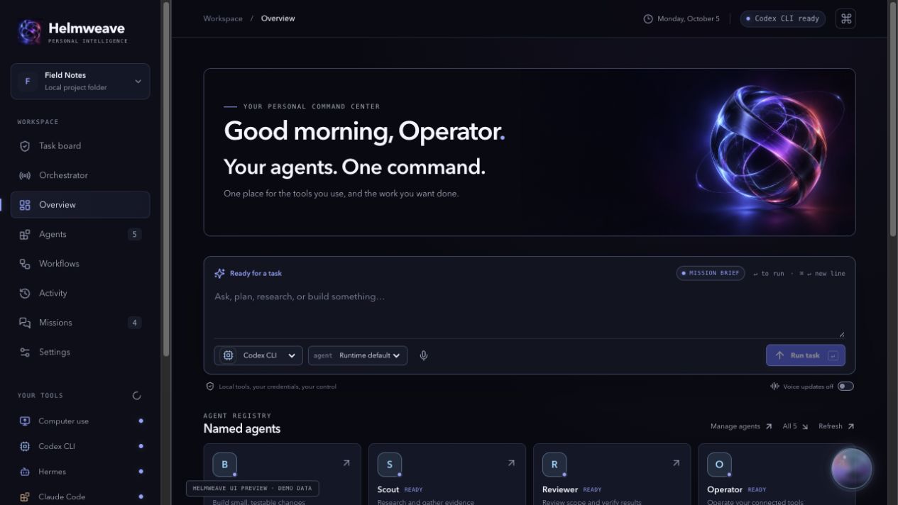 Helmweave overview with workspace navigation, command composer, and named agent presets